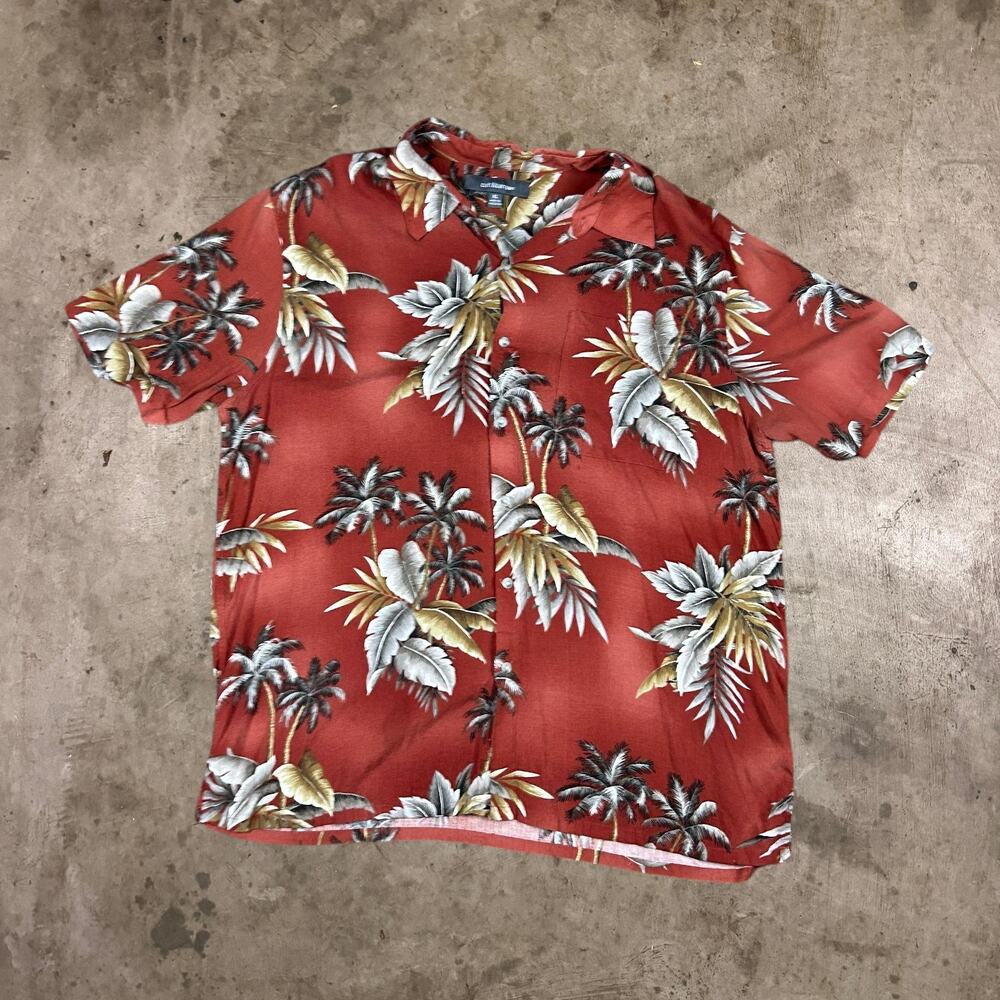 Croft & Borrow Short Sleeve Hawaiian Shirt Tropical Palm Tree Beach Red Mens XL